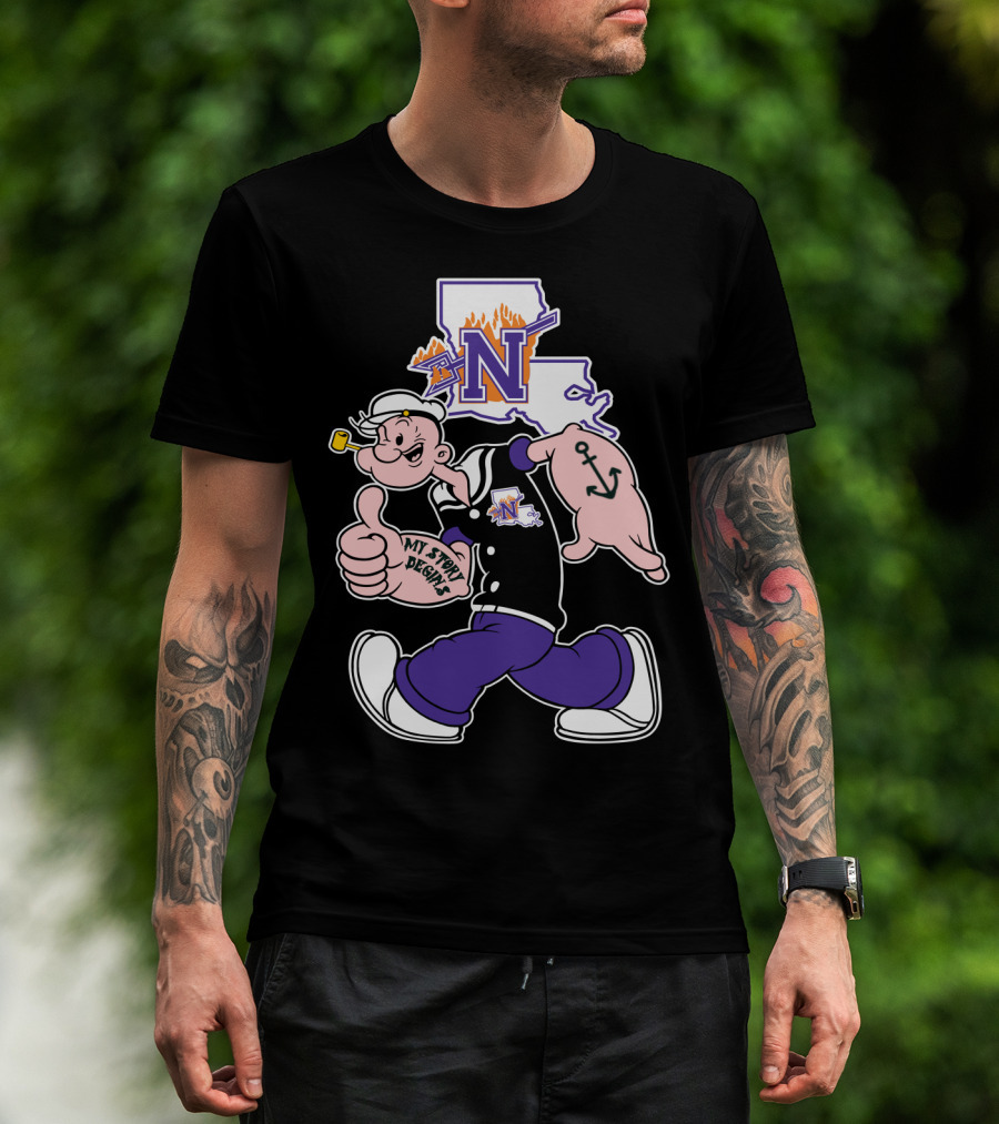 Northwestern State Demons Popeye Graphic With Louisiana State Outline T-Shirt