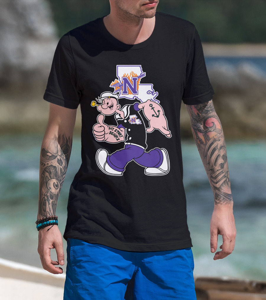 Northwestern State Demons Popeye Graphic With Louisiana State Outline T-Shirt