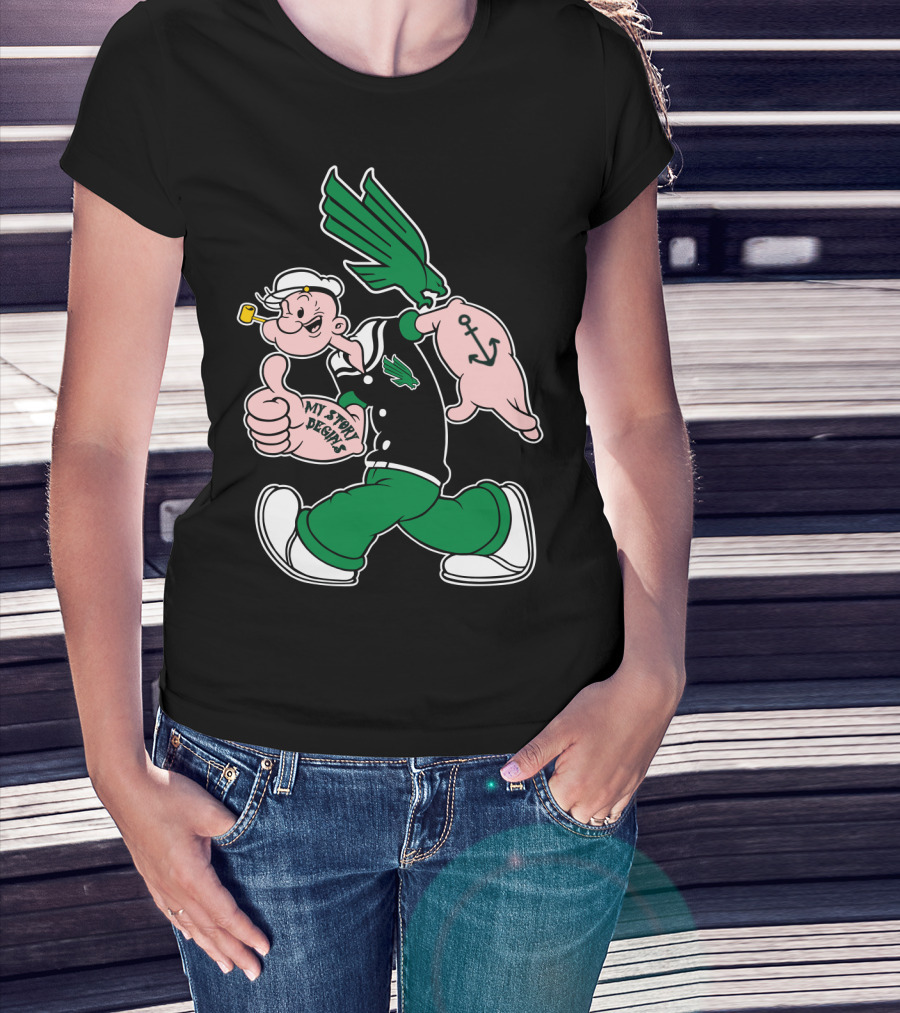 North Texas Mean Green My Story Designs Popeye Sailor Cartoon Anchor Pipe T-Shirt