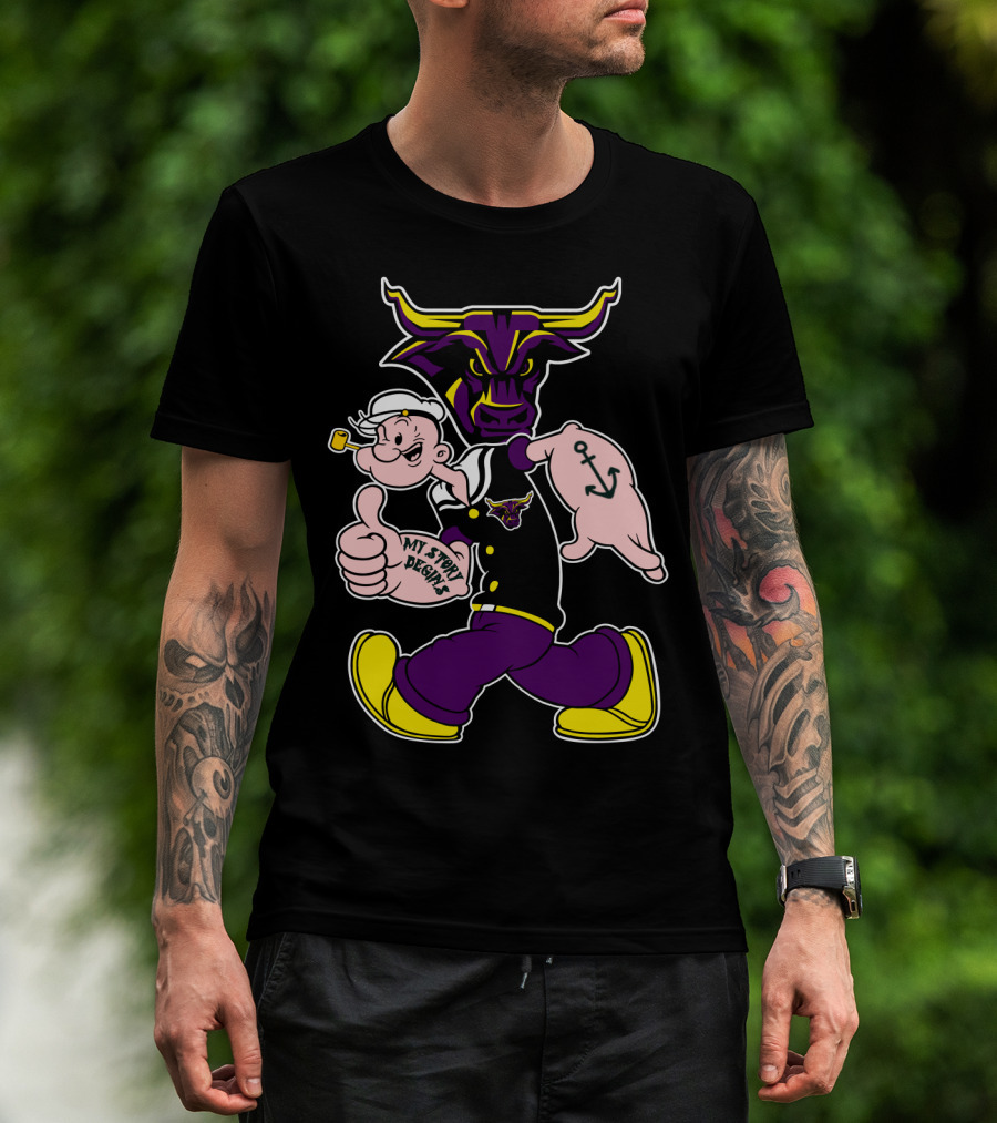 Mavericks My Story Begins Minnesota State 338 Popeye Sailor Tattoo Bull T-Shirt
