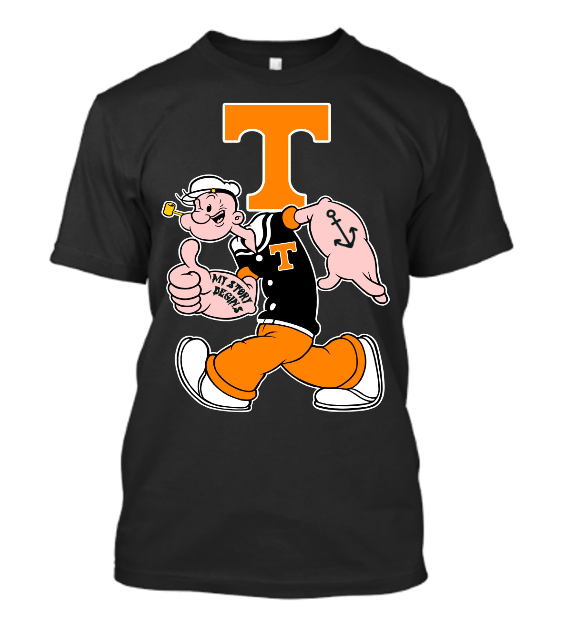 Tennessee Volunteers Popeye Character With Orange T And Anchor Tattoo T-Shirt