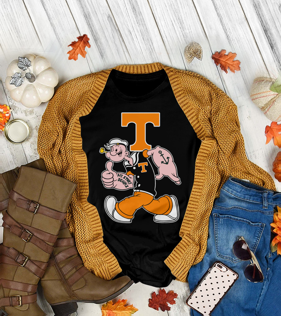 Tennessee Volunteers Popeye Character With Orange T And Anchor Tattoo T-Shirt