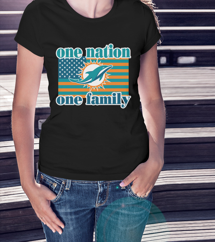 One Nation One Family Miami Dolphins American Flag Logo T-Shirt