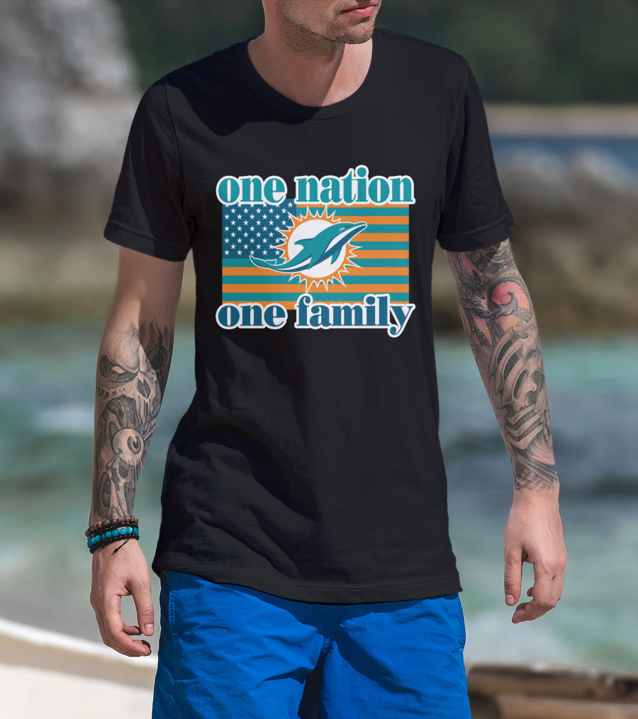 One Nation One Family Miami Dolphins American Flag Logo T-Shirt