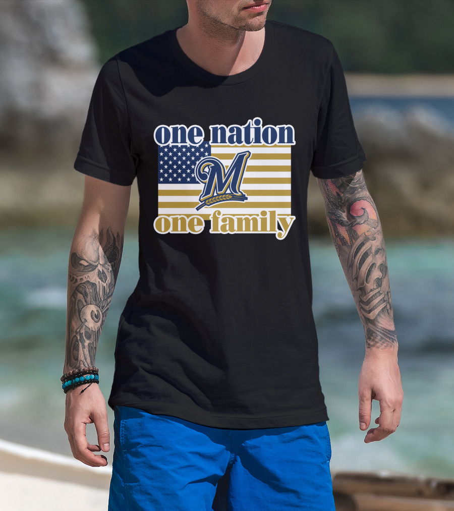 One Nation One Family Milwaukee Brewers 46 American Flag T-Shirt