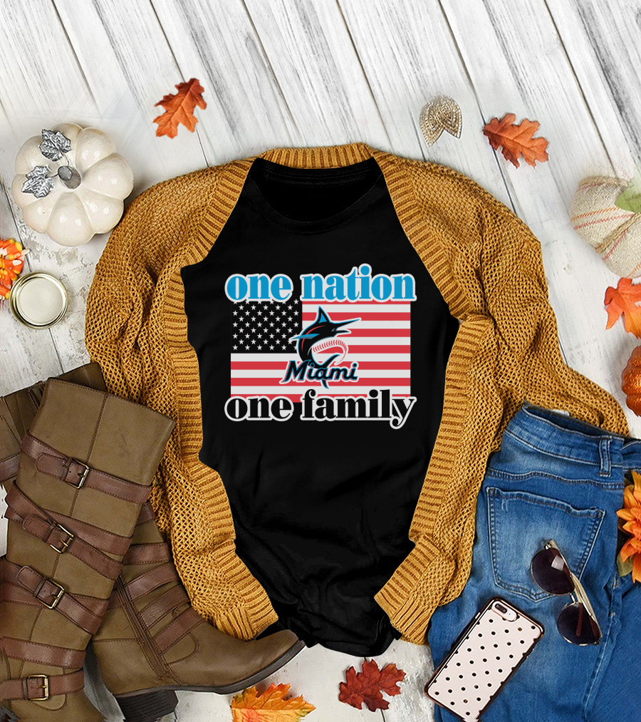 One Nation One Family Miami Marlins American Flag T-Shirt