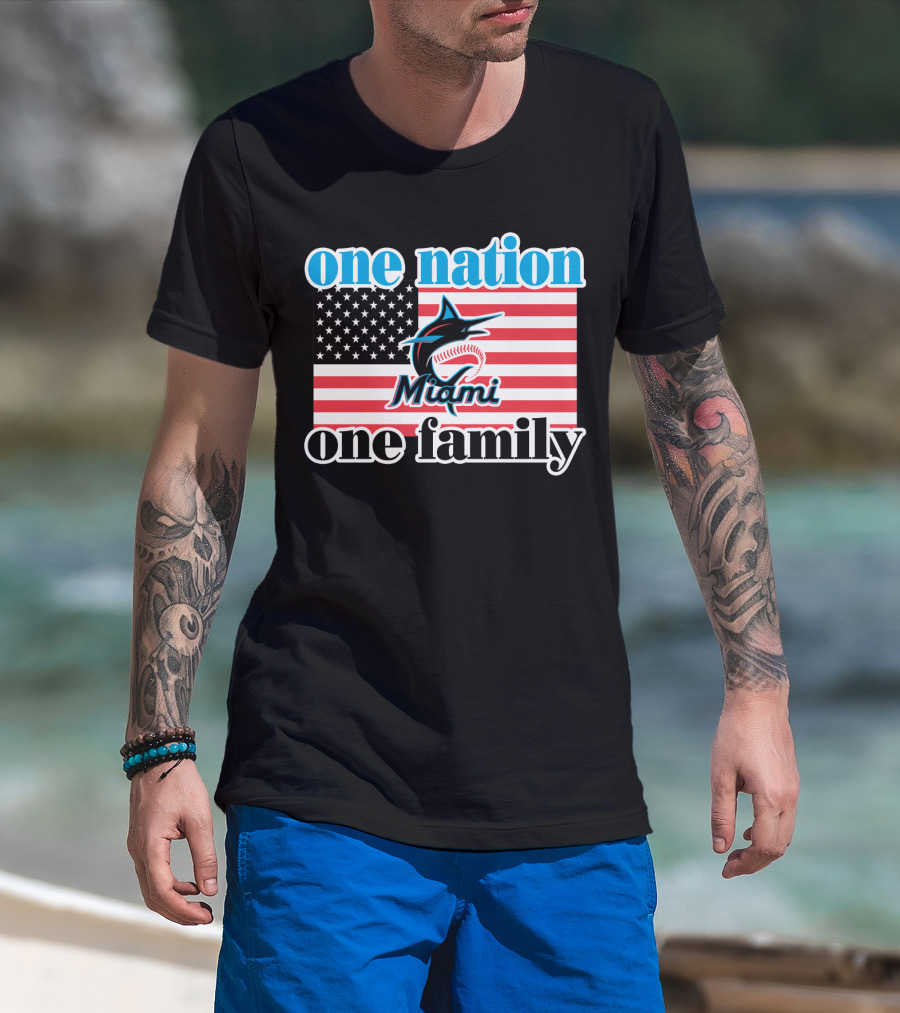 One Nation One Family Miami Marlins American Flag T-Shirt