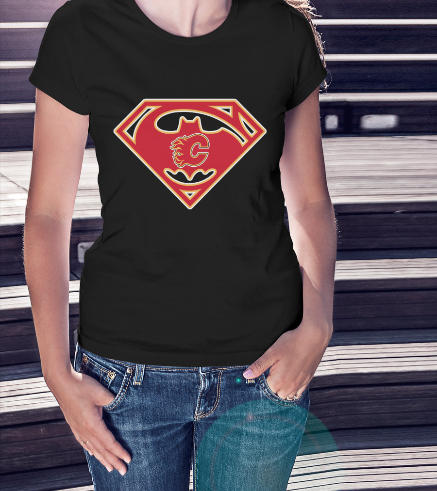 Calgary Flames Logo Combined With Superman Batman Symbol T-Shirt