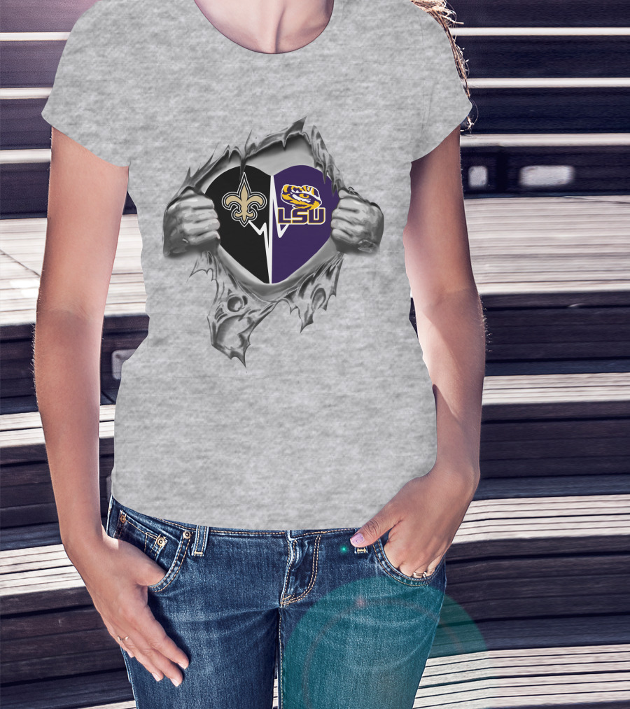 Saints Heart With Lsu Tigers Logo Peeking Through T-Shirt