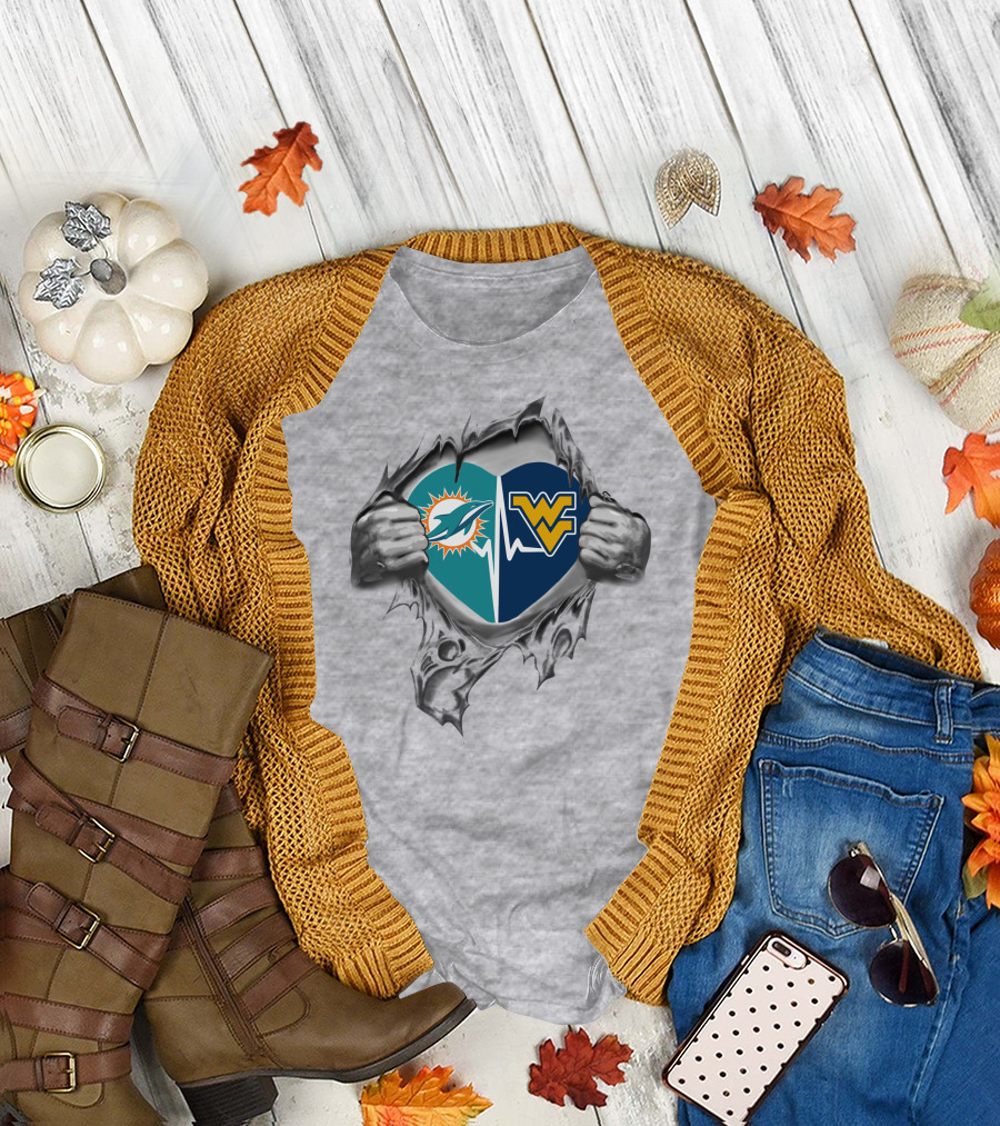Dolphins West Virginia Mountaineers Heart Torn T-Shirt