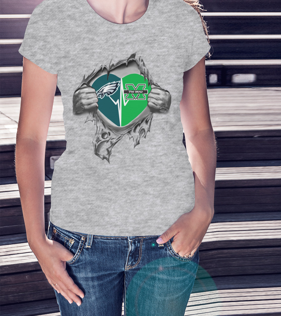 Eagles Marshall Thundering Herd Heart Logo Burst T-Shirt
