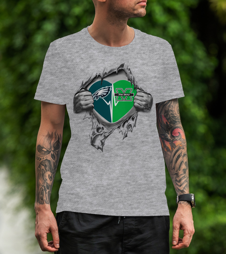 Eagles Marshall Thundering Herd Heart Logo Burst T-Shirt