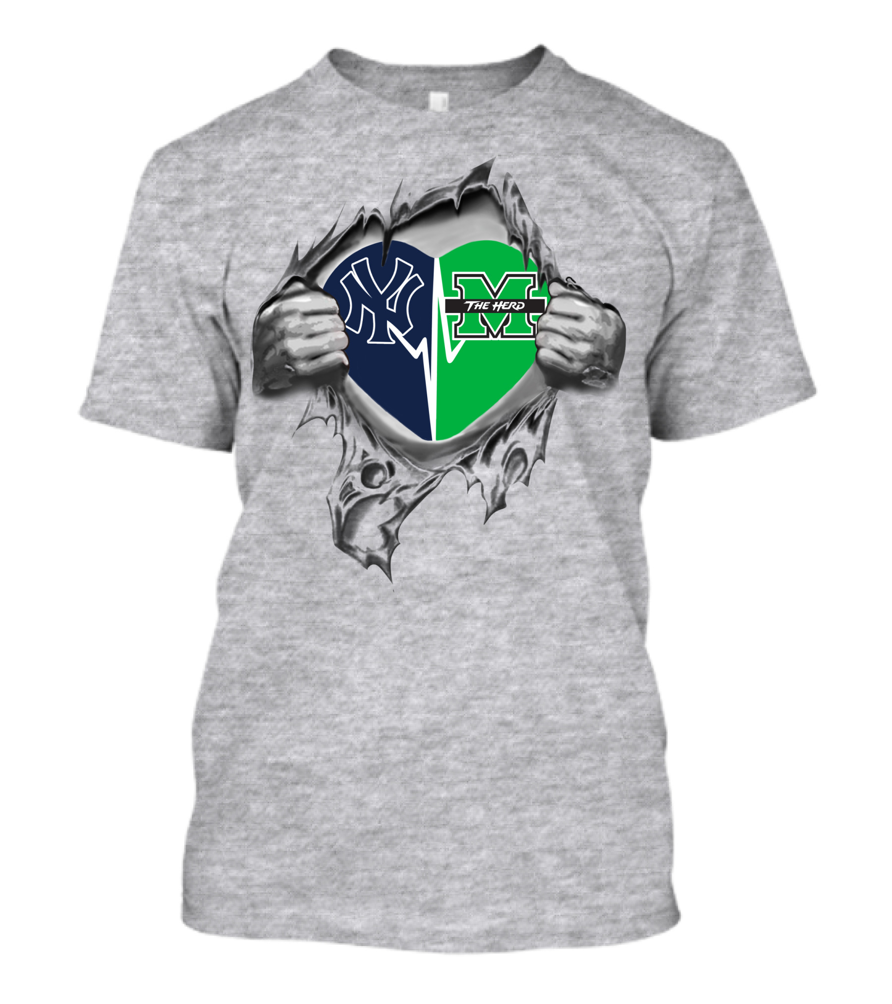 Yankees Marshall Thundering Herd Heart Torn Open T-Shirt