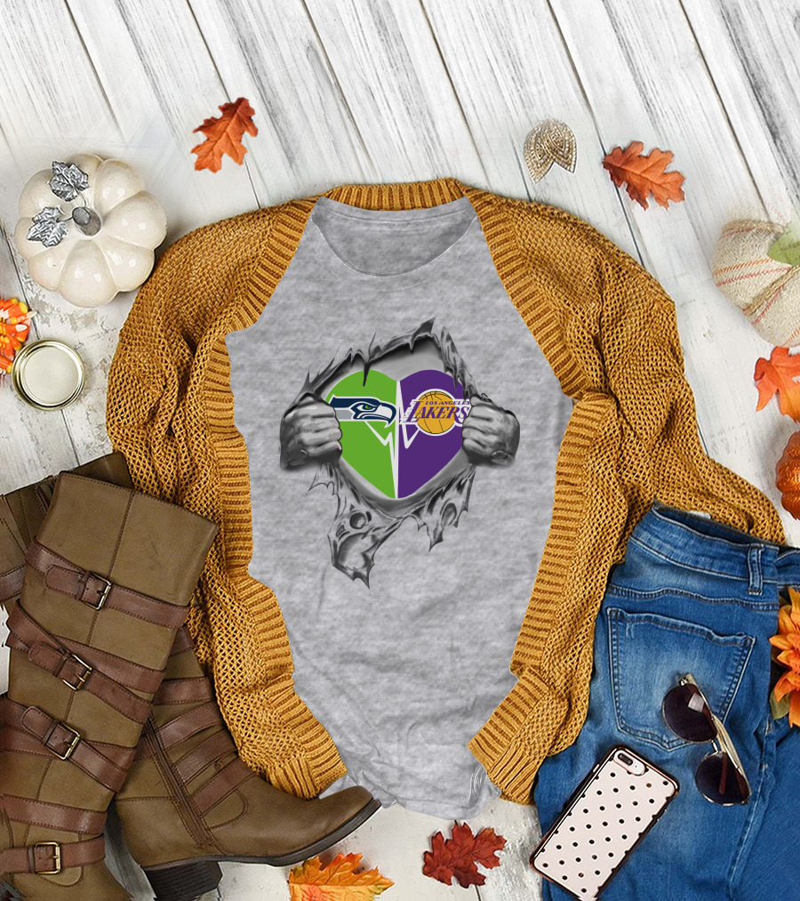 Seahawks Lakers Heart With Logos In Torn T-Shirt