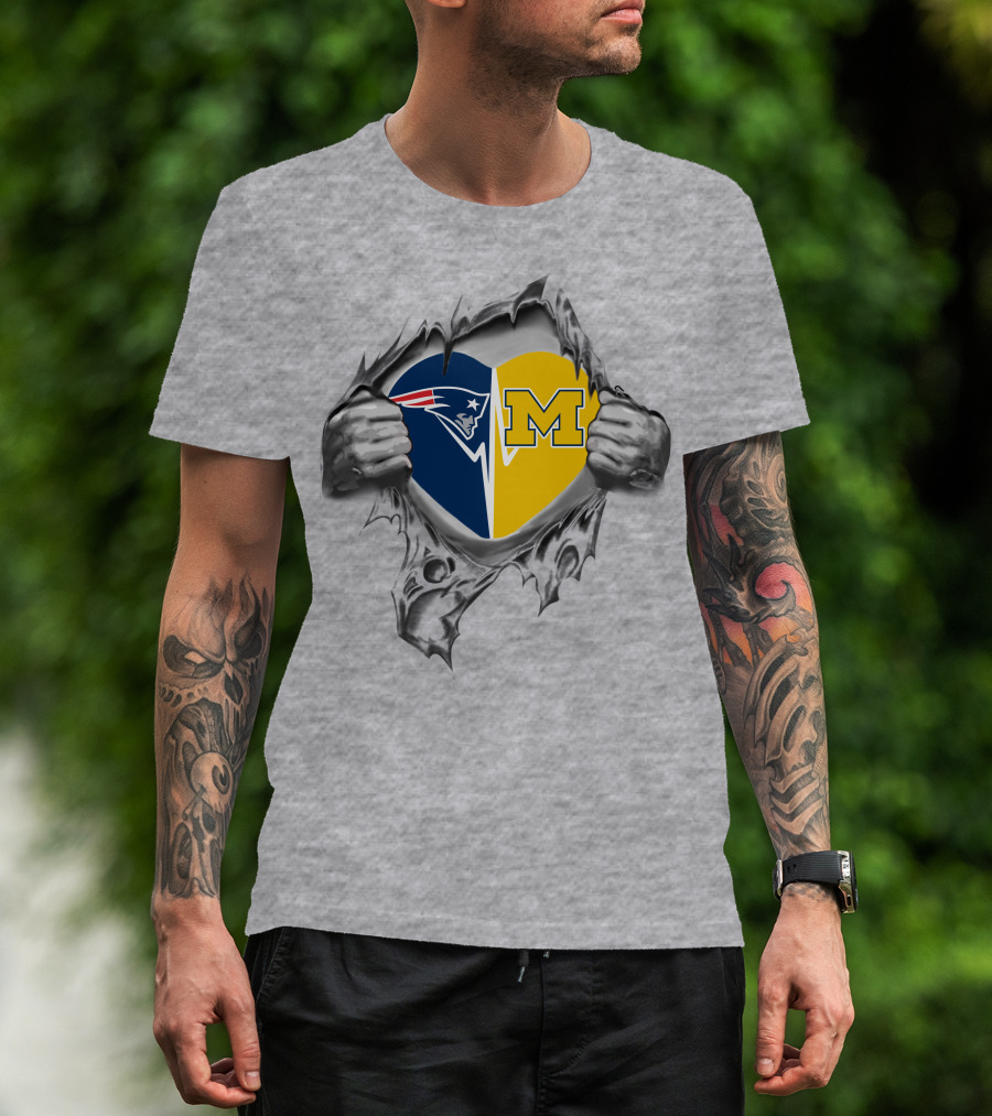 Patriots Wolverines Heartburst Love For New England And Michigan T-Shirt