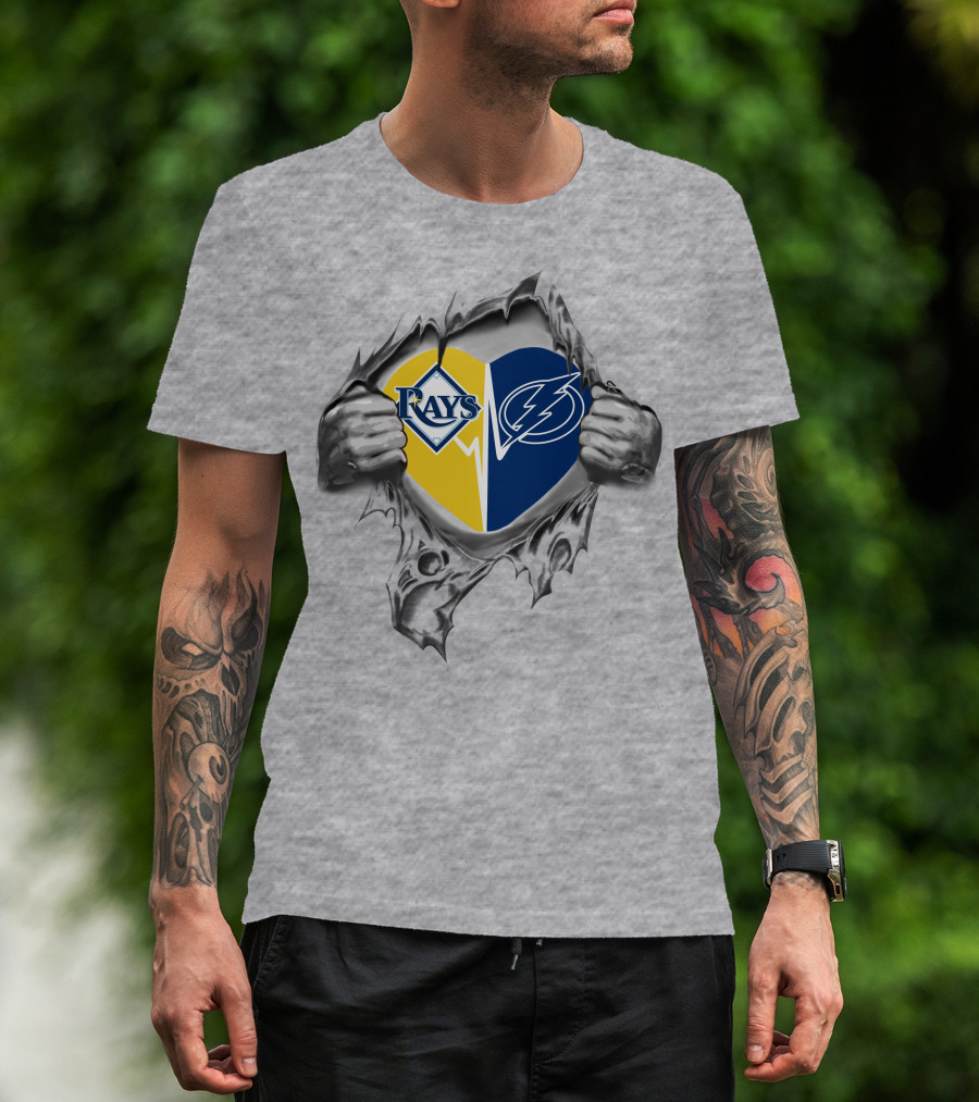 Rays Lightning Heart With Torn Background Featuring Team Logos T-Shirt
