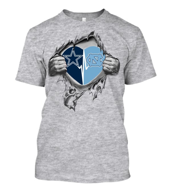 Cowboys Tar Heels Heart In My Chest With Iconic Dallas And Unc Logos T-Shirt