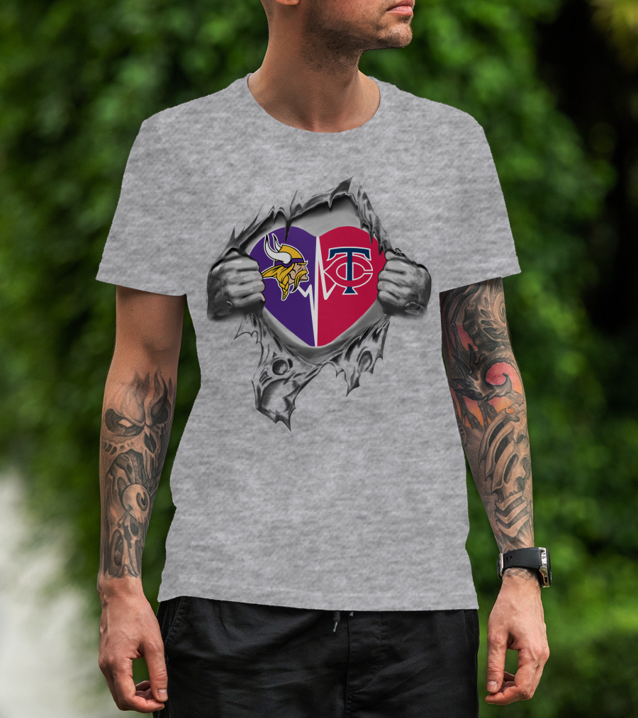 Minnesota Vikings And Twins Heart Emblem With Torn T-Shirt