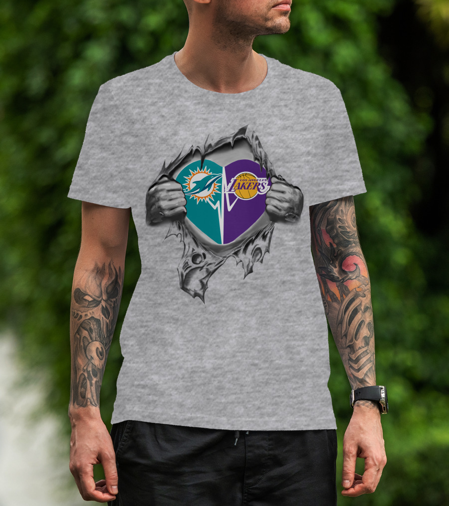 Dolphins Lakers Heart Torn Silver Hands T-Shirt