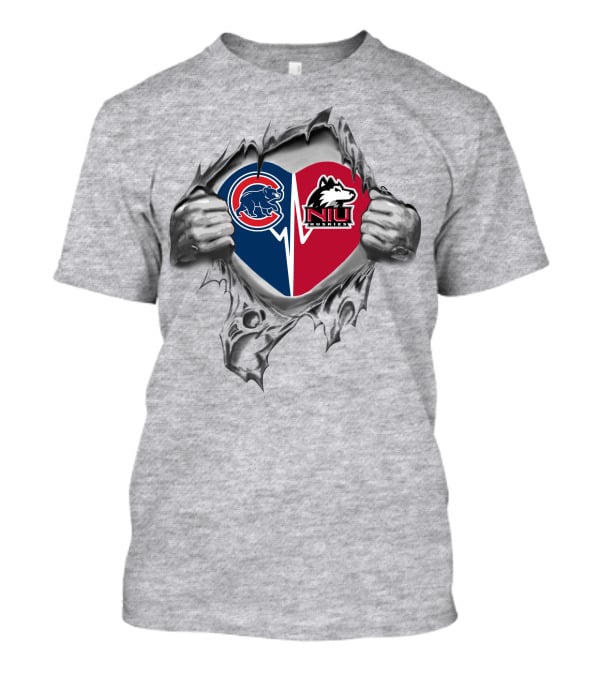 Cubs Niu Huskies Heart With Ripped T-Shirt