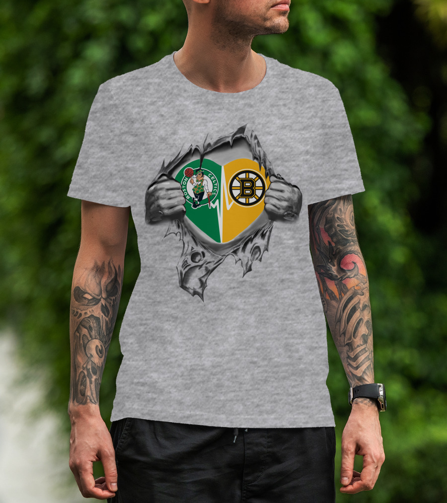 Boston Celtics Bruins Heart Inside Featuring Logos And Heartbeat T-Shirt