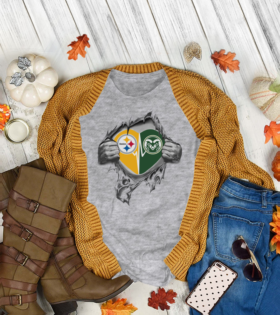 Steelers Colorado State Heart Torn Open Dual Loyalty T-Shirt