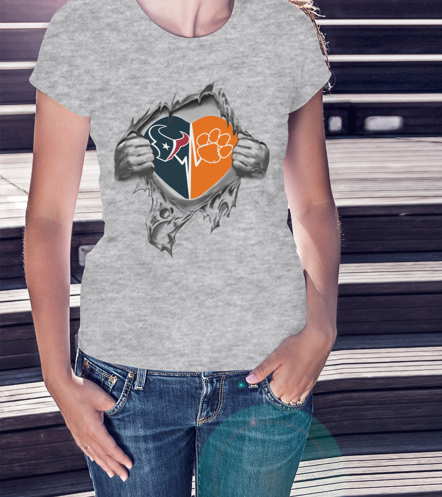 Texans Clemson Heart With Logo And Paw Inside Torn Fabric T-Shirt