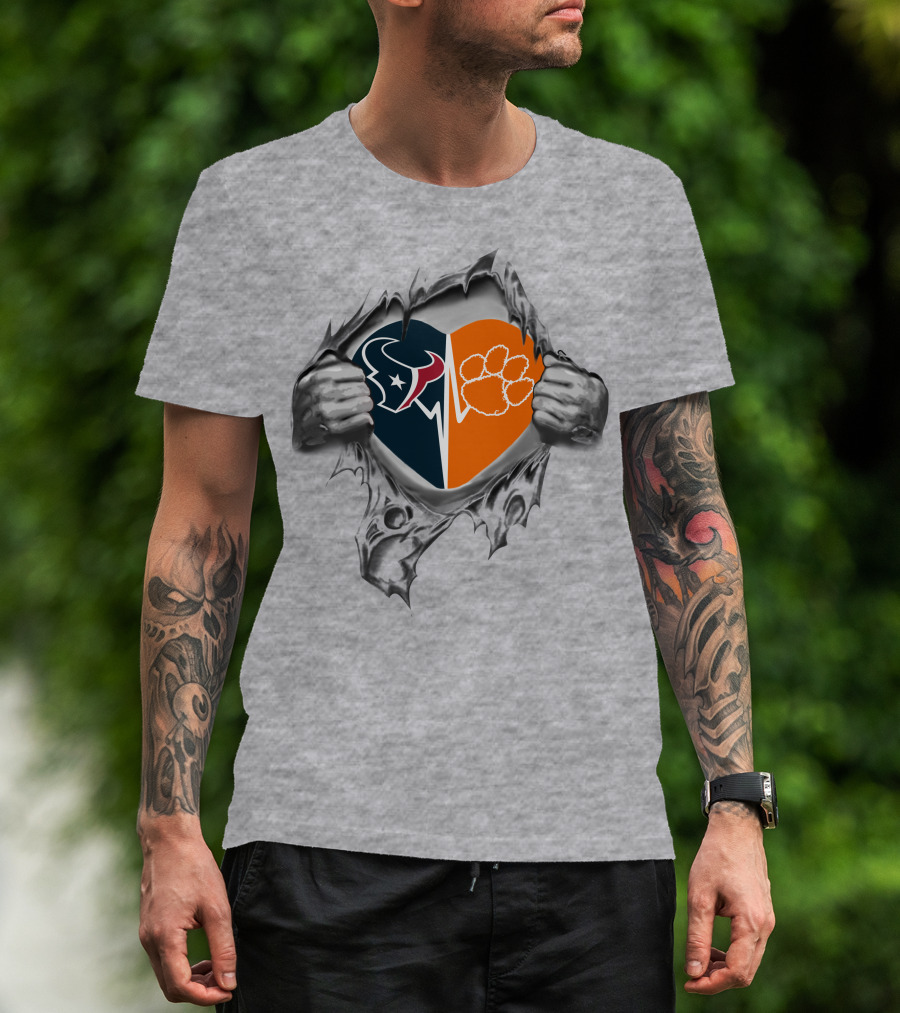 Texans Clemson Heart With Logo And Paw Inside Torn Fabric T-Shirt