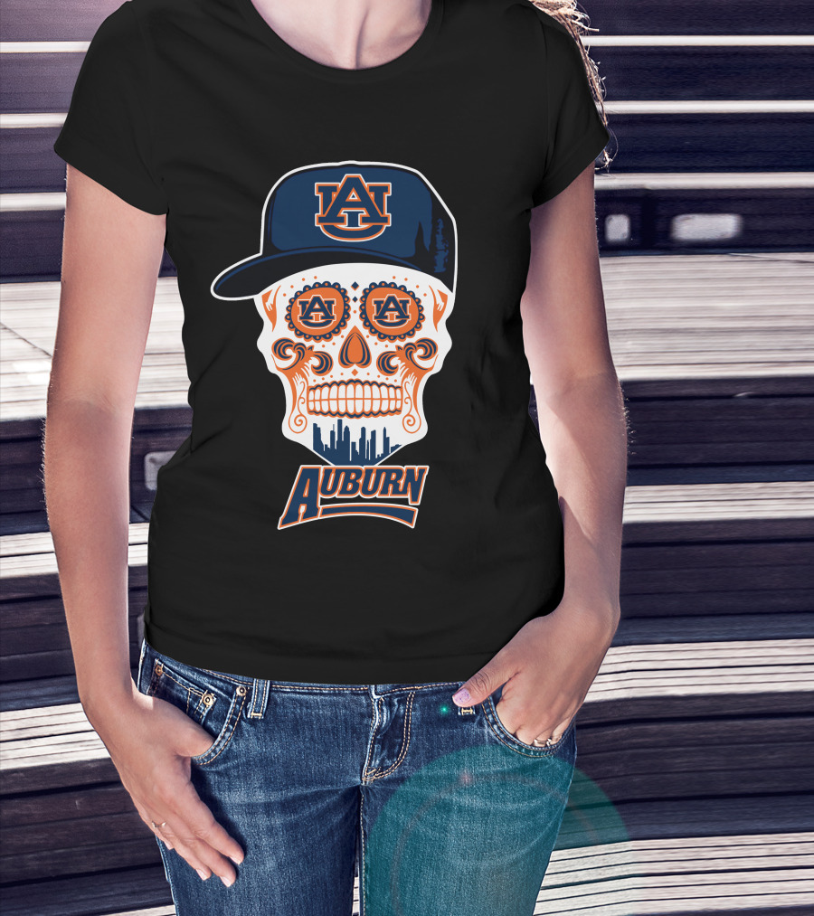 Auburn Tigers Skull Sugar Skull Design With Cap T-Shirt