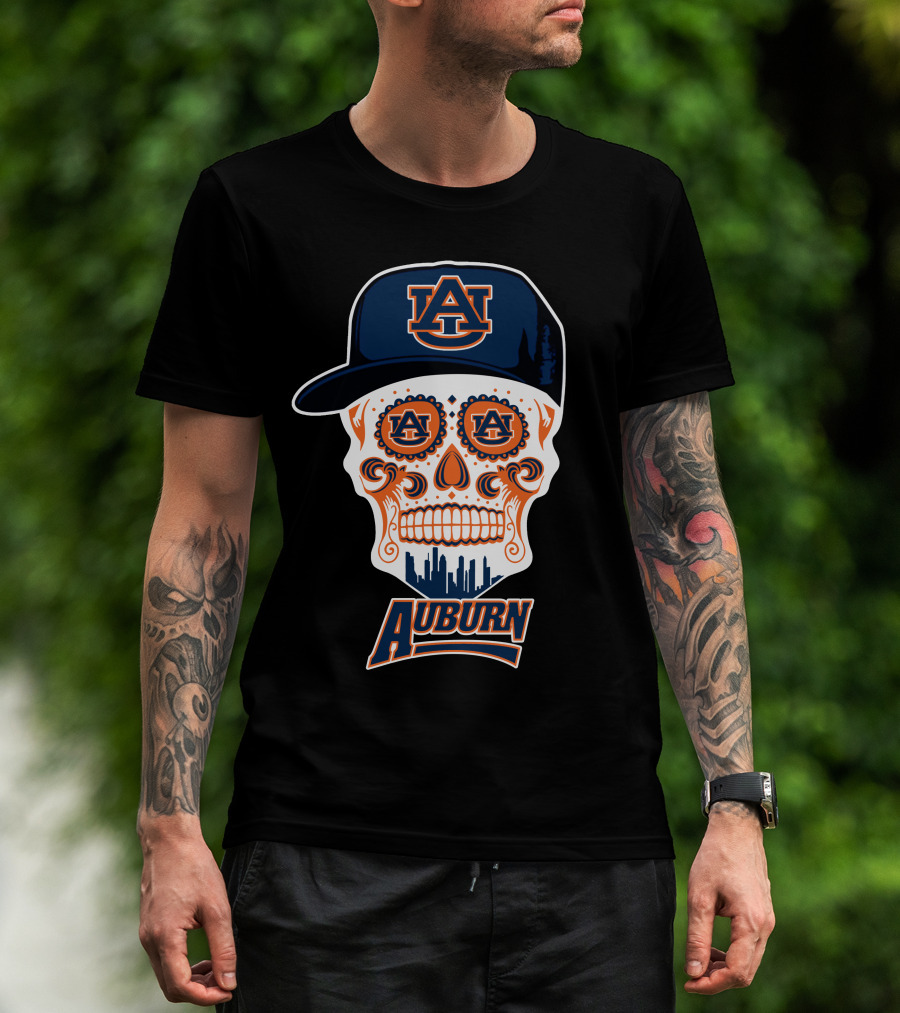 Auburn Tigers Skull Sugar Skull Design With Cap T-Shirt
