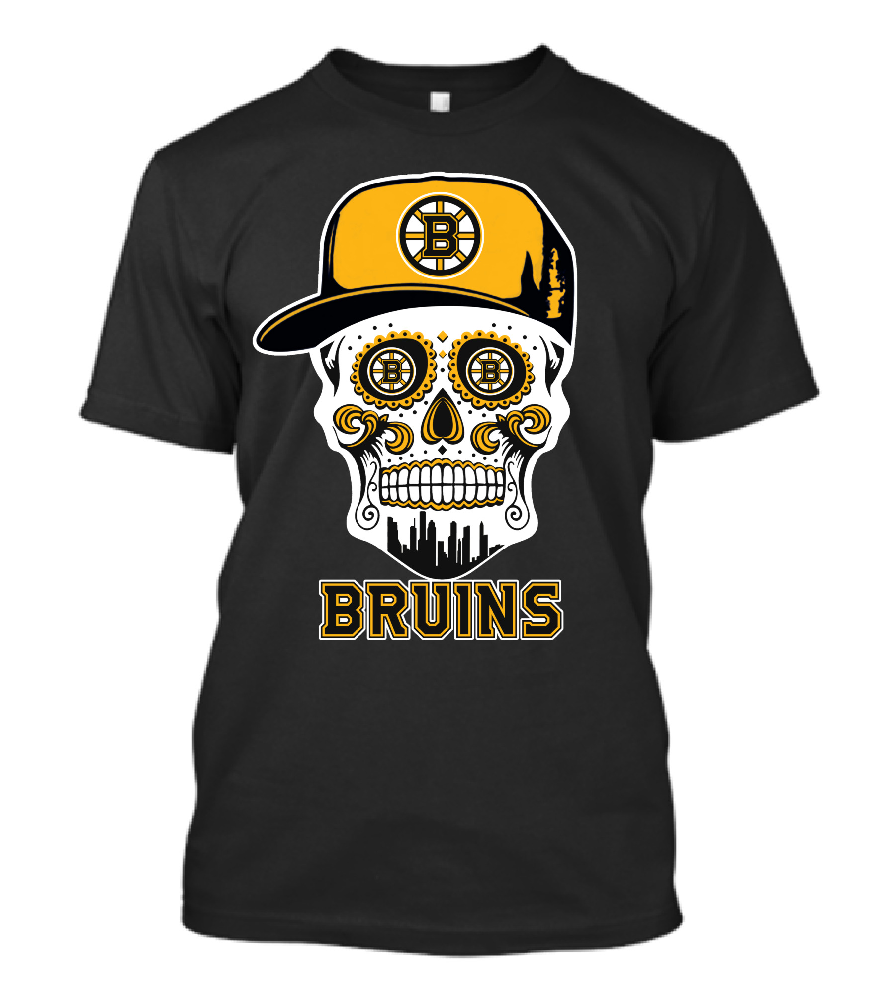 Boston Bruins Skull With Cap And City Silhouette T-Shirt
