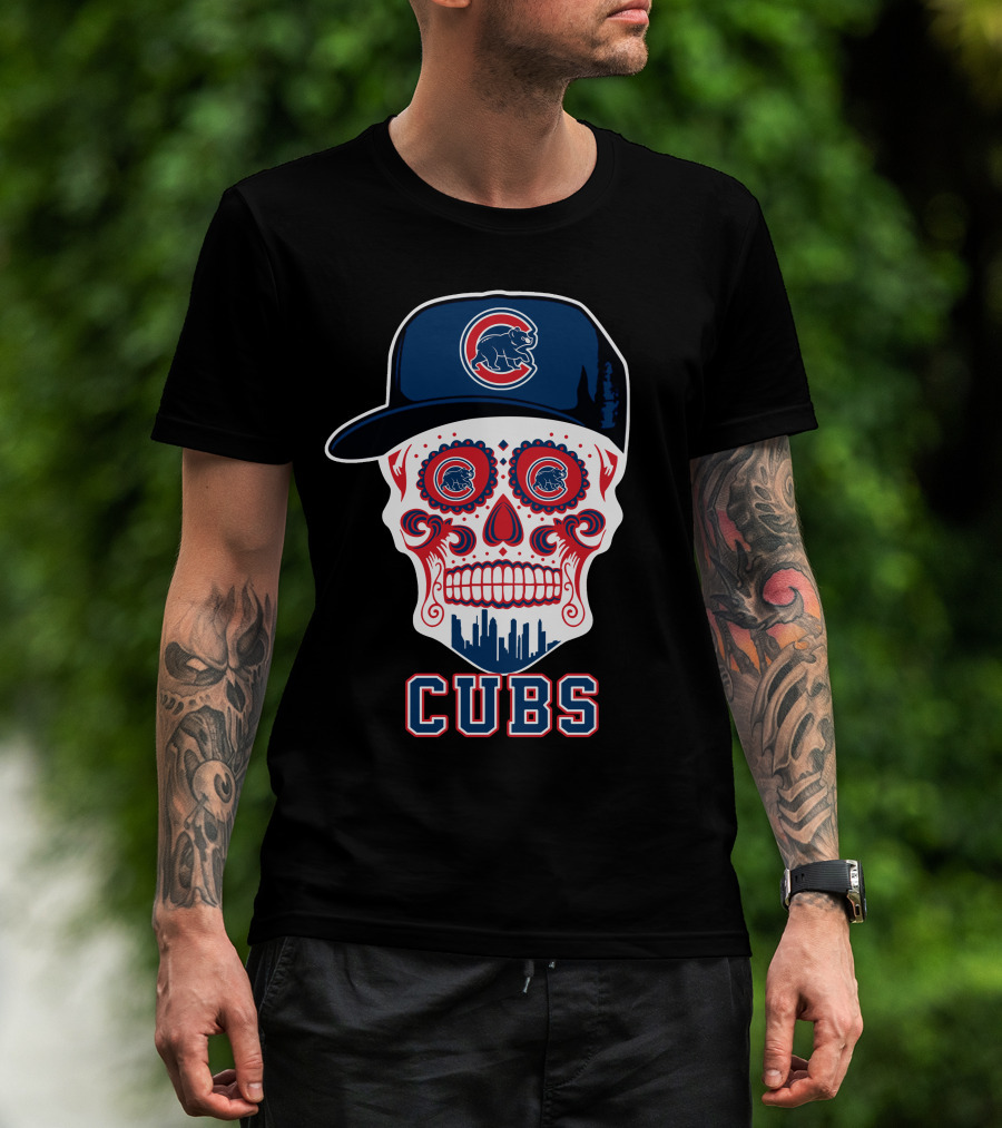 Chicago Cubs Skull Hat Red Blue Skyline T-Shirt