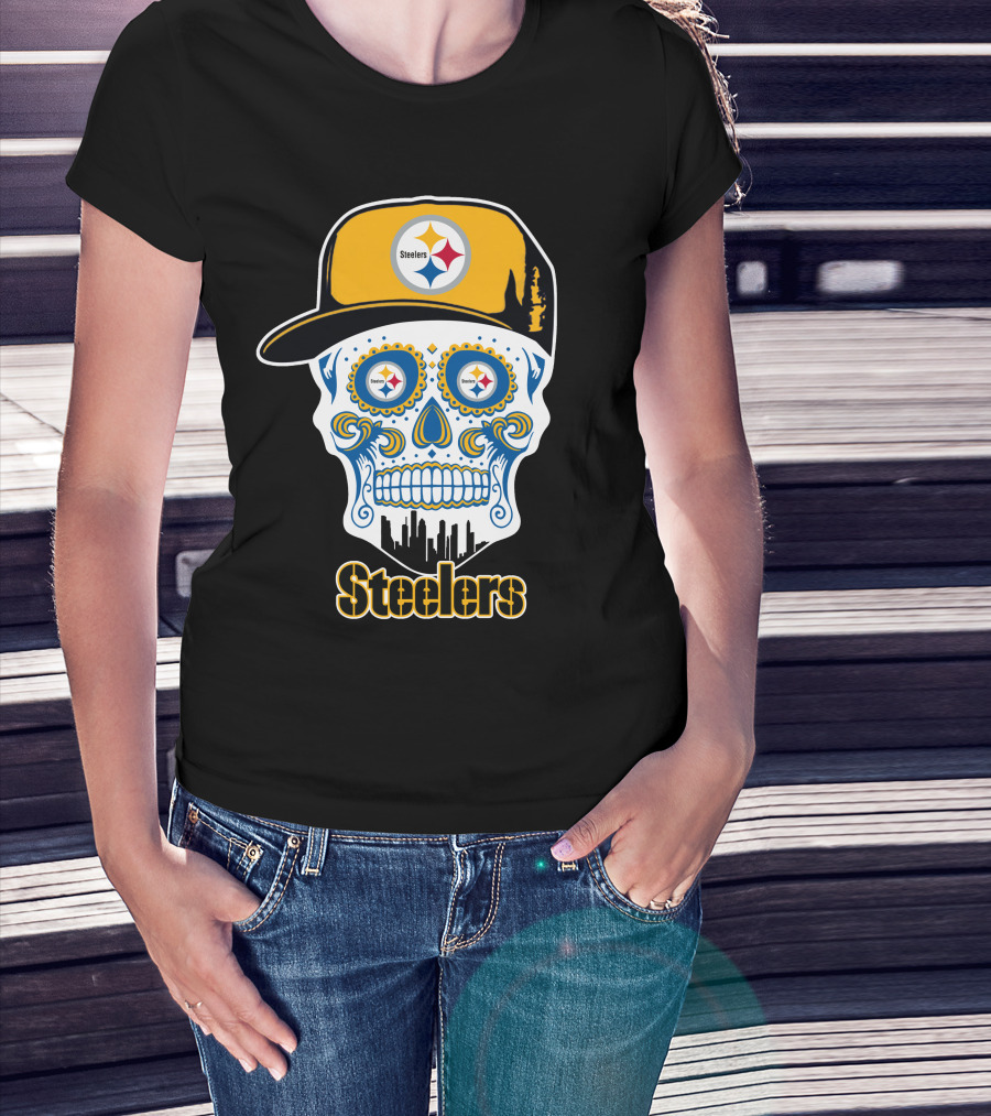 Steelers Skull With Yellow Cap And City Silhouette T-Shirt