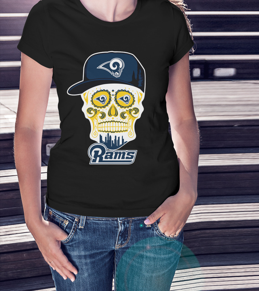 Los Angeles Rams Skull Rams Cap City Skyline T-Shirt