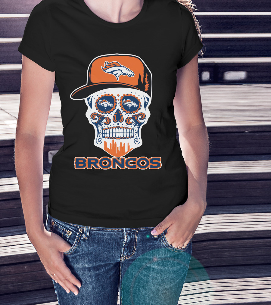 Denver Broncos Skull With Cap And Logos T-Shirt