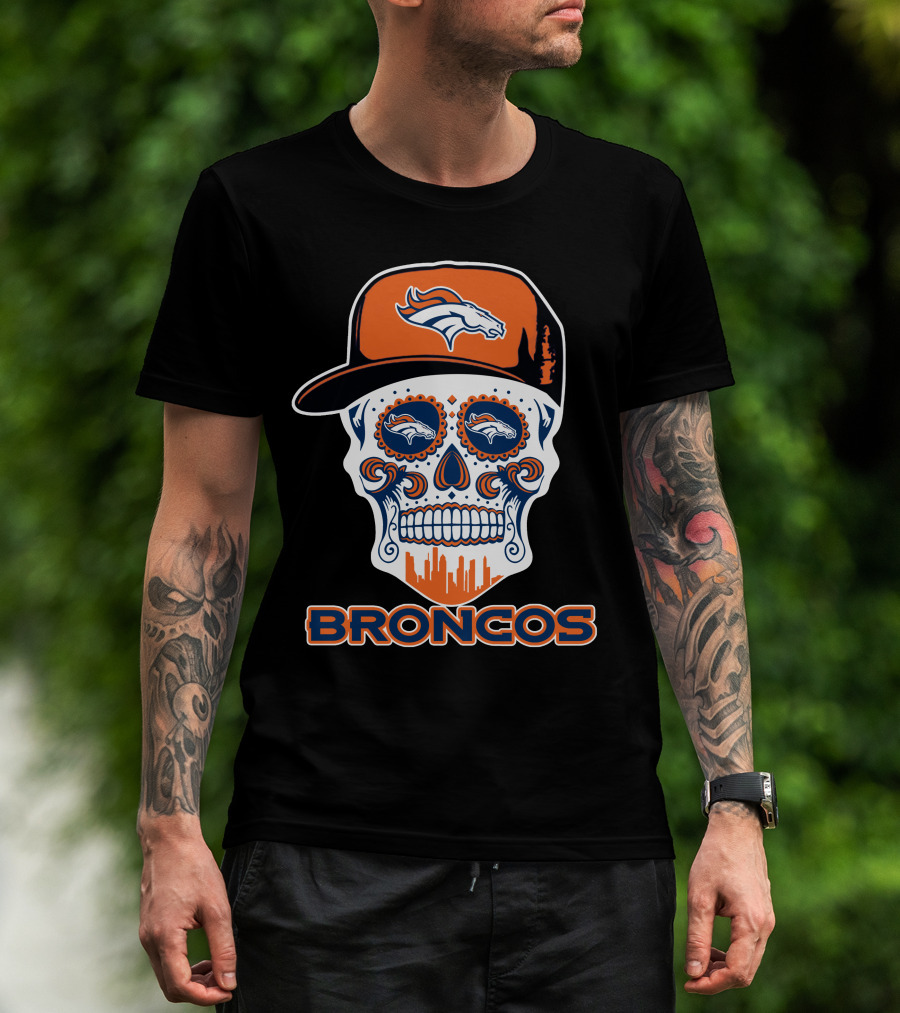 Denver Broncos Skull With Cap And Logos T-Shirt