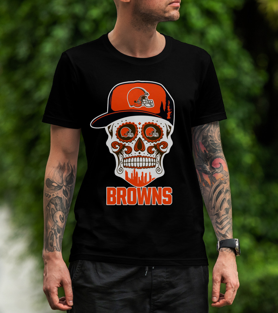 Browns Skull With Helmet And City Skyline T-Shirt