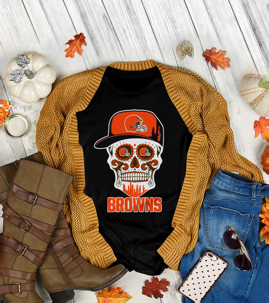 Browns Skull With Helmet And City Skyline T-Shirt
