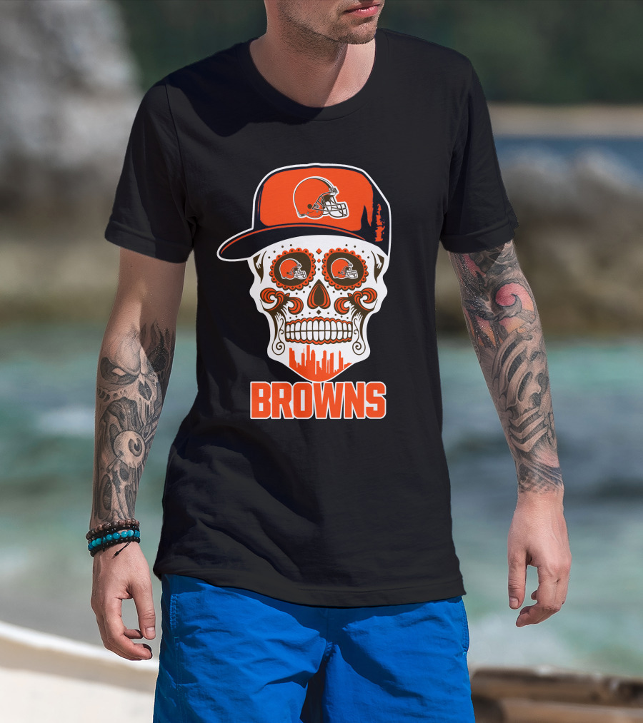 Browns Skull With Helmet And City Skyline T-Shirt