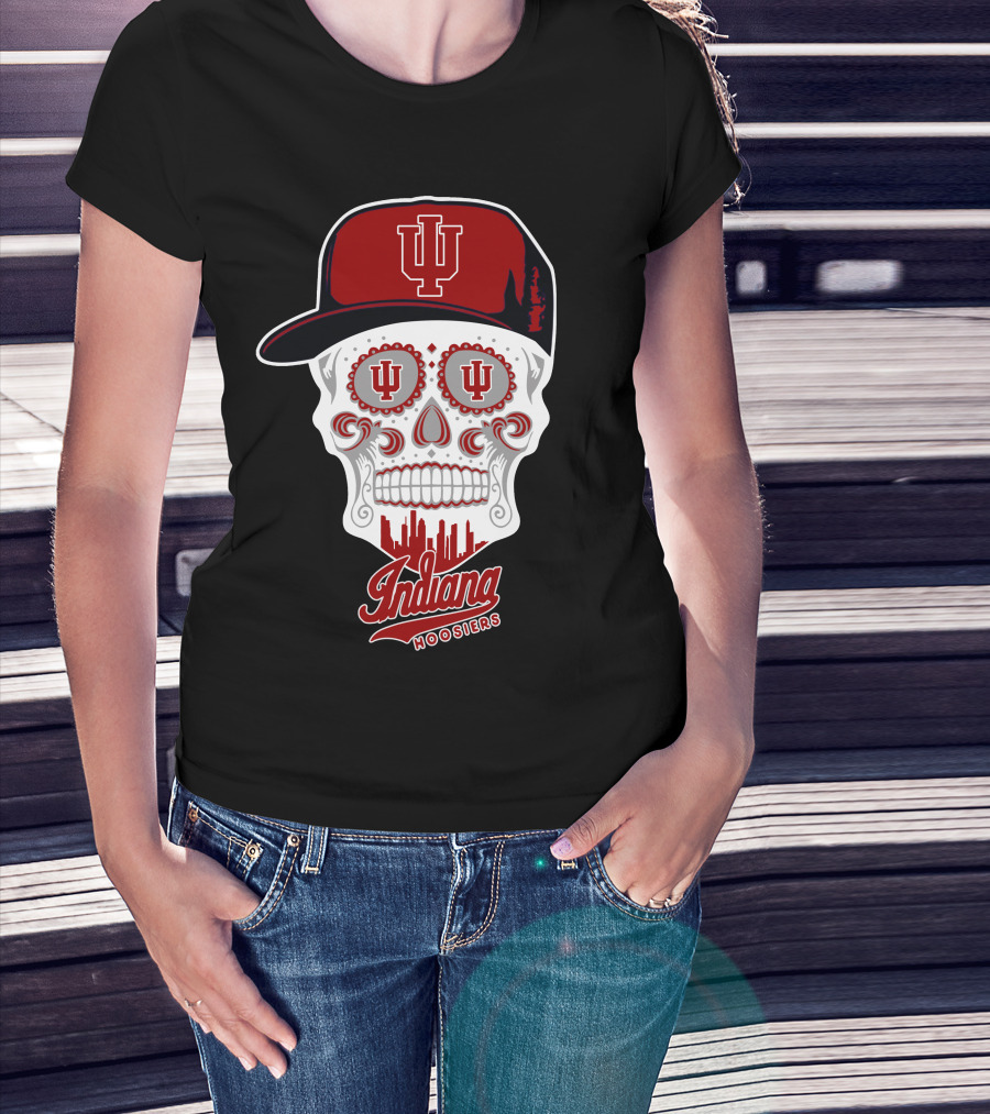 Indiana Hoosiers Skull With Hat And Skyline T-Shirt