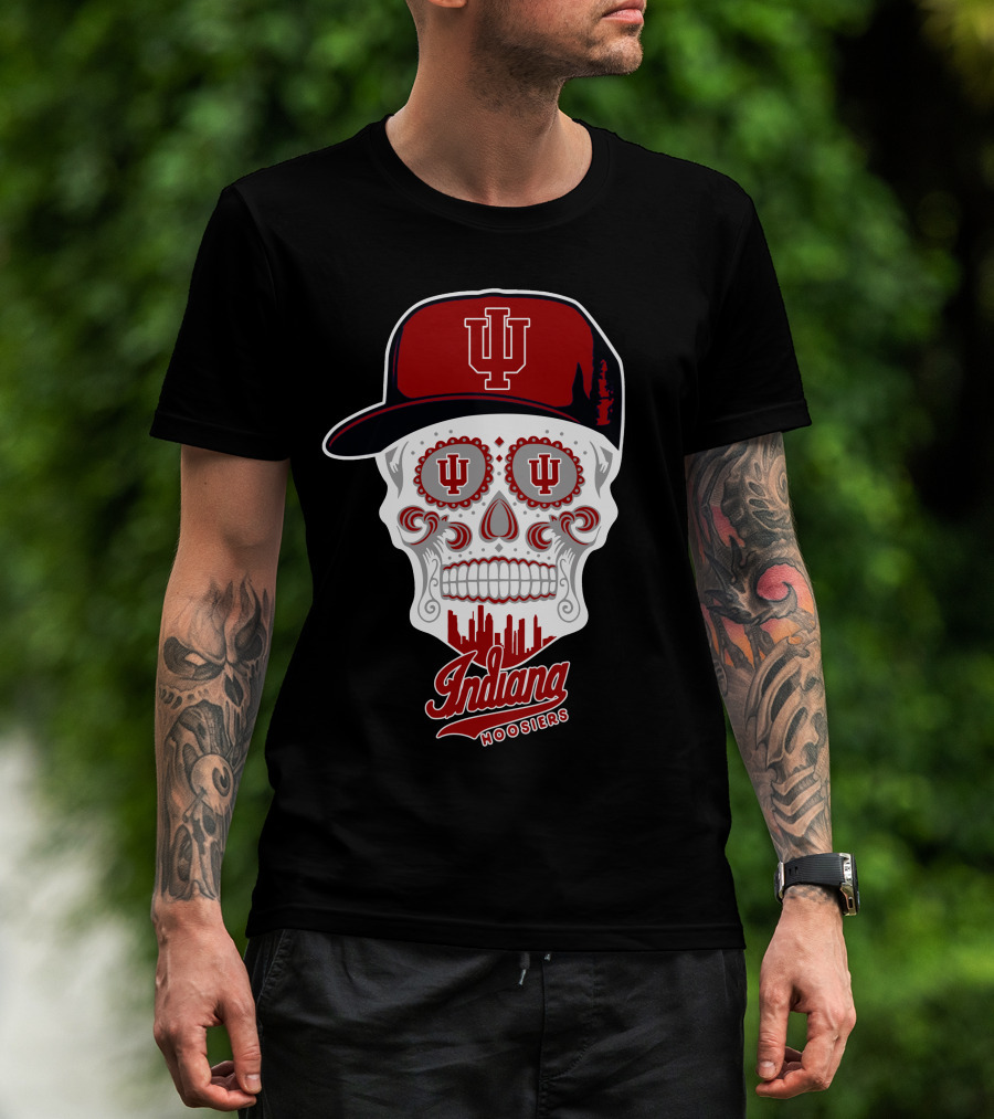 Indiana Hoosiers Skull With Hat And Skyline T-Shirt