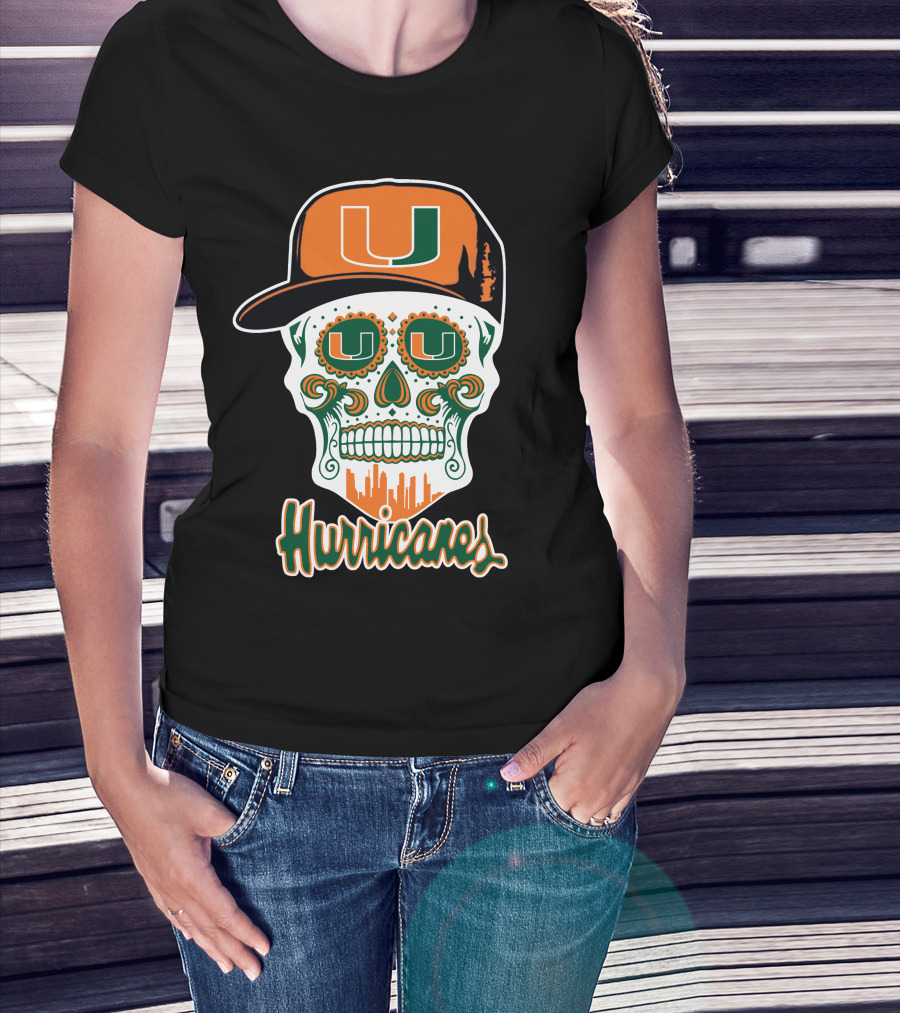 Miami Hurricanes Skull Orange And Green U Cap T-Shirt