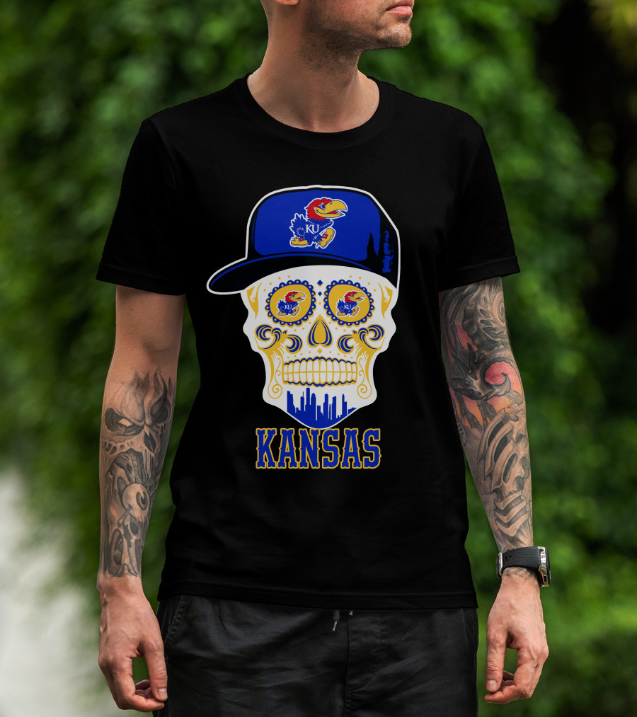 Kansas Jayhawks Skull Hat Ku T-Shirt