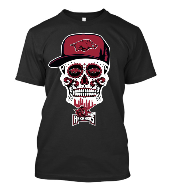 Arkansas Razorbacks Sugar Skull With Hat And Hog Logos T-Shirt