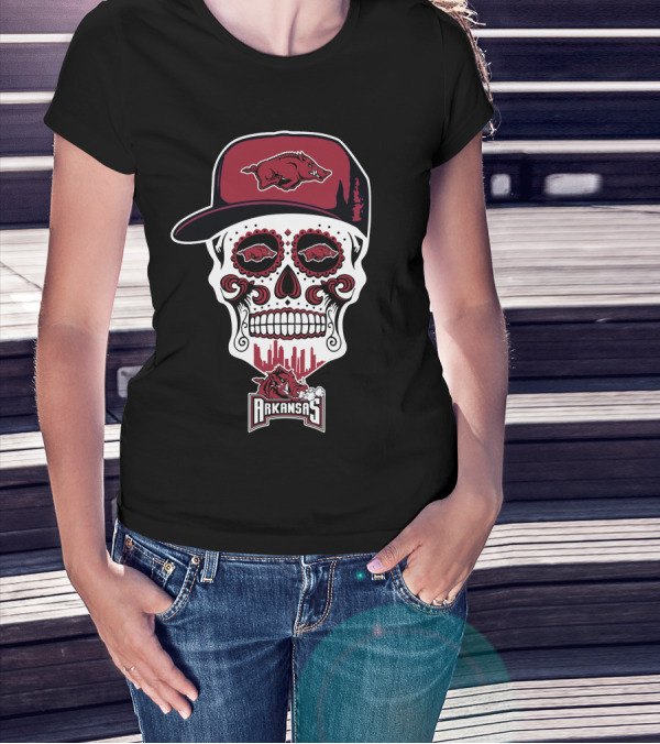 Arkansas Razorbacks Sugar Skull With Hat And Hog Logos T-Shirt
