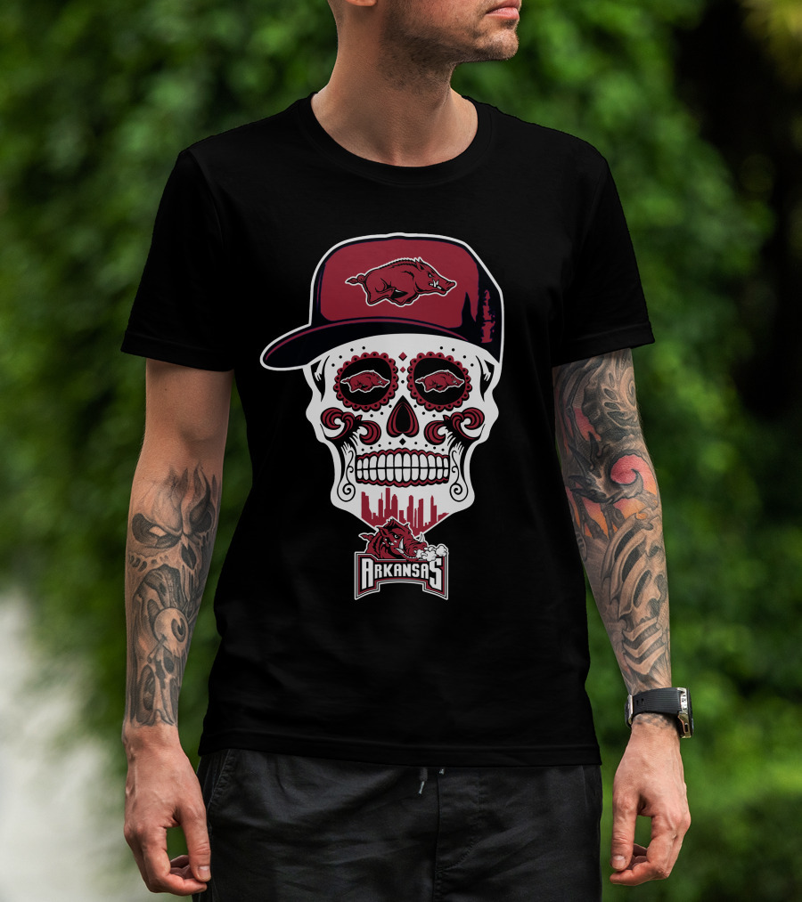 Arkansas Razorbacks Sugar Skull With Hat And Hog Logos T-Shirt