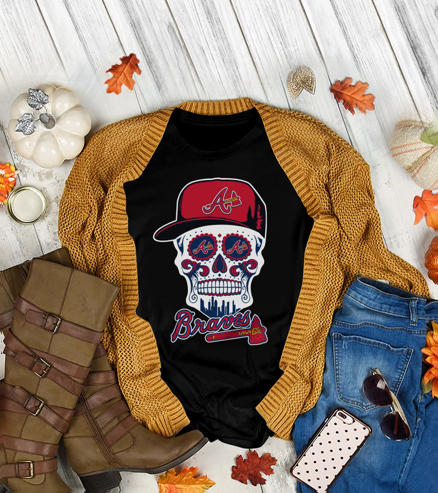 Braves Skull With Red Cap And Tomahawk Elements T-Shirt