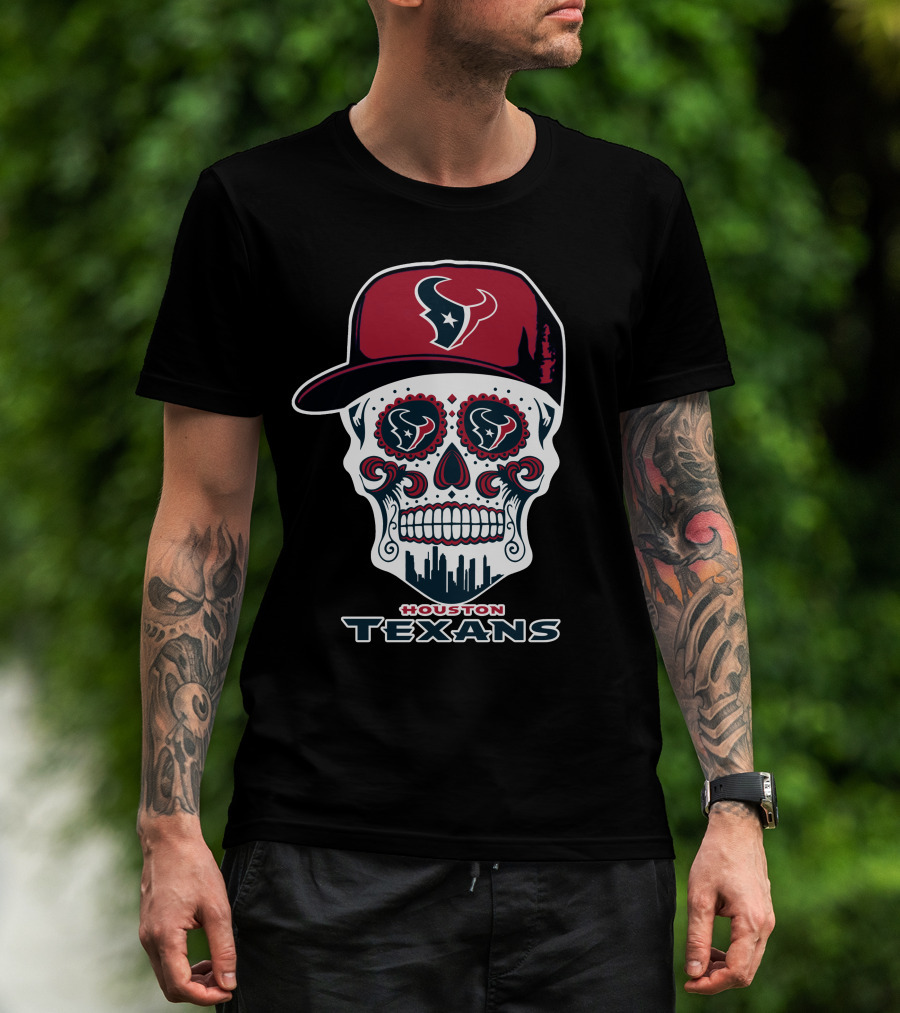 Houston Texans Skull With Cap And City Skyline T-Shirt