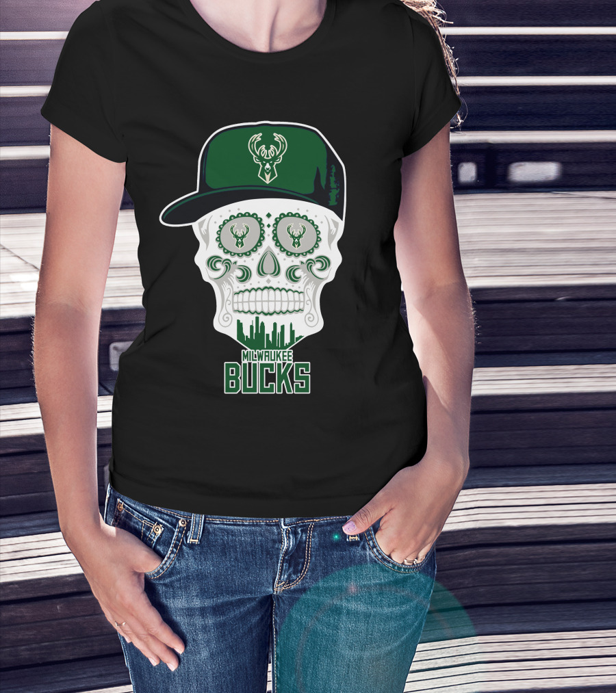 Milwaukee Bucks Skull With Cap And Skyline T-Shirt