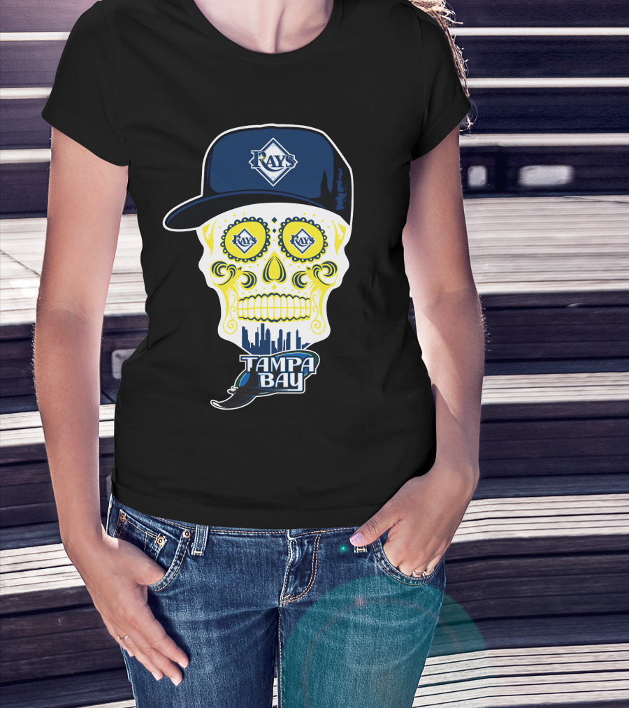 Tampa Bay Rays Skull With Hat And City Skyline T-Shirt